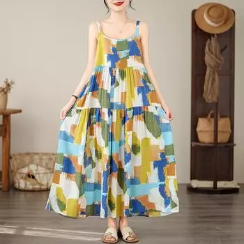 DIMANAF 2024 женское летнее пляжное платье больших размеров женское хлопково-льняное длинное платье без рукавов повседневный большой свободный сарафан 91703