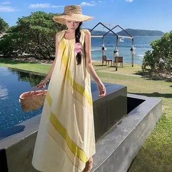 DIMANAF 2024 женское летнее праздничное платье больших размеров женское длинное пляжное платье без рукавов повседневное свободный сарафан с разрезом на шее