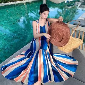 DIMANAF 2024 женское летнее праздничное пляжное платье больших размеров женское длинное платье без рукавов повседневный свободный полосатый сарафан