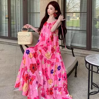 DIMANAF 2024 женское летнее праздничное пляжное платье больших размеров женское длинное платье без рукавов повседневное свободный сарафан с розовым цветком