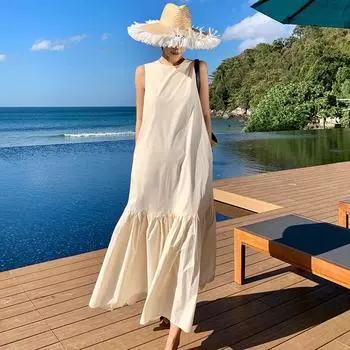 DIMANAF 2024 женское летнее праздничное пляжное платье больших размеров женское длинное платье без рукавов повседневное свободный однотонный сарафан