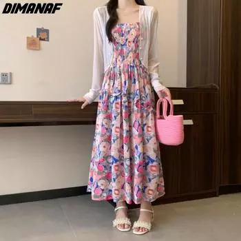 DIMANAF 2024, женское летнее стильное платье больших размеров, повседневное платье больших размеров с цветочным принтом, длинные хлопковые базовые свободные пляжные платья