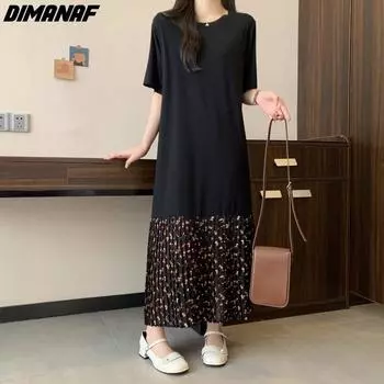 DIMANAF 2024, женское летнее стильное платье больших размеров, базовое плиссированное платье-рубашка с цветочным принтом, повседневное платье, длинные хлопковые свободные платья