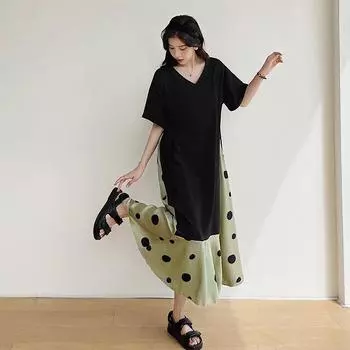 DIMANAF 2024 женское летнее свободное длинное платье больших размеров хлопковое винтажное элегантное женское платье с волнистыми точками L чёрный