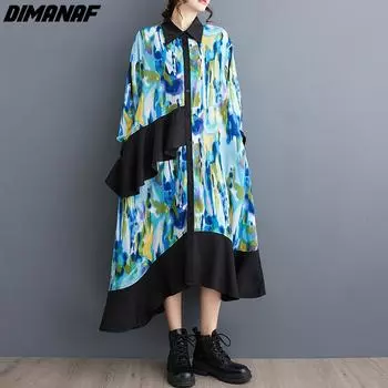 DIMANAF 2024 женское платье больших размеров весна-лето оверсайз платье-рубашка элегантное платье с длинными рукавами и принтом свободное пляжное платье