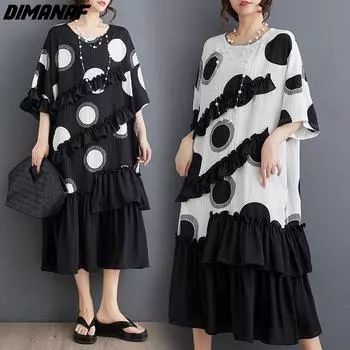 DIMANAF 2024 женское платье больших размеров весна-лето оверсайз стильное шифоновое элегантное черное длинное платье с принтом свободное женское платье