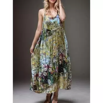 DIMANAF 2024 женское платье больших размеров женское льняное свободное платье без рукавов с цветочным принтом с круглым вырезом желтое платье макси XL