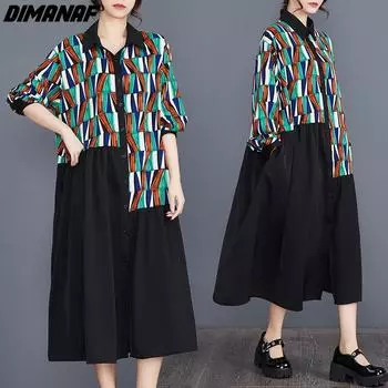 DIMANAF 2024 женское платье больших размеров на весну и лето, свободное платье-рубашка на пуговицах, элегантное женское платье с длинными рукавами, черное платье с принтом