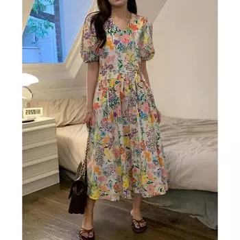 DIMANAF 2024 женское платье больших размеров весна-лето винтажное свободное платье больших размеров с короткими рукавами и рюшами в стиле женское платье с цветочным принтом