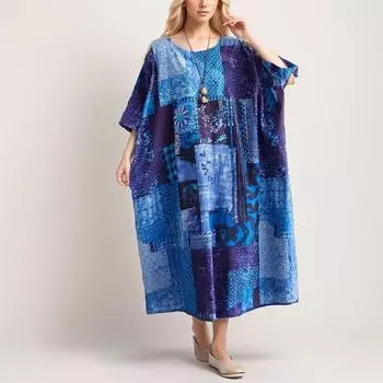 DIMANAF 2024, женское платье больших размеров, льняное платье с цветочным принтом, пляжный праздничный летний сарафан, платье макси, свободный дизайн, синее длинное платье 5XL One Size синий
