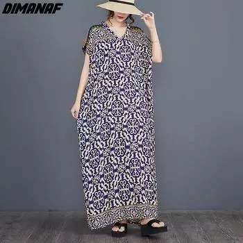 DIMANAF 2024, женское пляжное платье больших размеров на весну и лето, элегантное женское длинное платье с винтажным принтом, свободное платье макси в богемном стиле