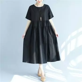 DIMANAF 2024, женское пляжное платье больших размеров на весну и лето, элегантное женское винтажное однотонное льняное длинное платье, свободное стильное платье макси M чёрный