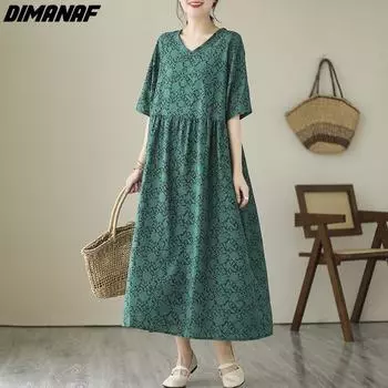 DIMANAF 2024, женское весенне-летнее платье больших размеров, винтажное женское длинное платье с v-образным вырезом, свободное платье макси, хлопково-зеленое One Size зелёный