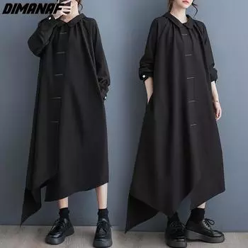 DIMANAF 2024, женское весеннее платье больших размеров, женское свободное платье с длинными рукавами, однотонная черная нестандартная одежда