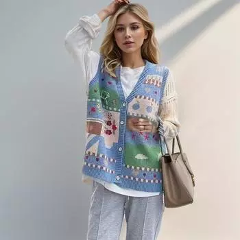 DIMANAF 2024 Жилет большого размера, осенний женский свитер с цветочным принтом, вязаный свитер с v-образным вырезом, модные пуговицы, свободный свитер в повседневном стиле, пальто большого размера