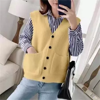 DIMANAF 2024 жилет с v-образным вырезом, осенние женские свитера на пуговицах, вязаный модный базовый повседневный стильный свободный свитер