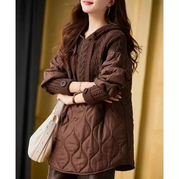 DIMANAF 2024 Зима Новые Женские Двухсекционные Свитера Пальто Лоскутное Ватиновое Свободный Свитер One Size коричневый