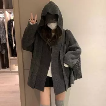 DIMANAF 2024 зима осень женщины плюс размер вязание свитера мода оверсайз повседневный свободный кардиган черный One Size серый