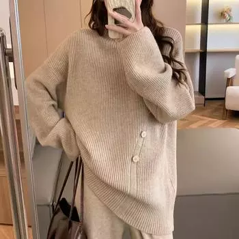 DIMANAF 2024 зима осень женские однотонные свитера с круглым вырезом вязаные базовые повседневные свободные свитера-пуловеры One Size дубильная кора