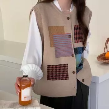 DIMANAF 2024 зима-осень женский клетчатый жилет без рукавов вязаный модный свободный свитер оверсайз в повседневном стиле One Size коричневый