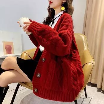 DIMANAF 2024 зима плюс размер осень женщины однотонные пуговицы свитера куртка вязание мода оверсайз повседневный стиль свободный красный кардиган свитер