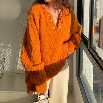 DIMANAF 2024 зима плюс размер осень женщины однотонный V-образный вырез пуговицы свитера вязание мода повседневный стиль свободный пуловер свитер One Size розовый