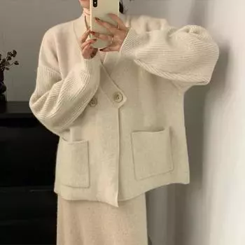Dimanaf 2024 зима плюс размер осень женщины однотонные пуговицы свитера куртка вязание мода оверсайз повседневный стиль свободный кардиган свитер One Size бежевый