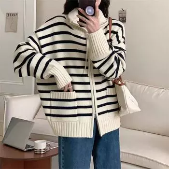 Dimanaf 2024 Зима Полосатый Осенний Женский Свитер С Капюшоном На Молнии Вязание Мода Повседневный Стиль Свободный Свитер