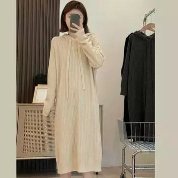 DIMANAF 2024 зимнее платье больших размеров, осеннее женское однотонное пальто со шляпой, свитера, вязаный модный повседневный стильный свободный свитер