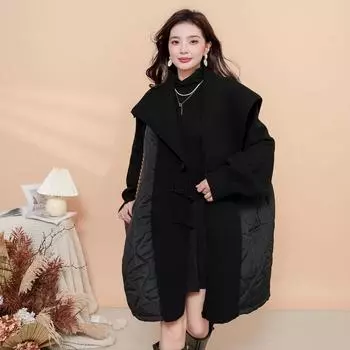 DIMANAF 2024 Зимние новые женские свитера, пальто, ватное пальто, вязаная куртка, лоскутное длинное поддельное двухкомпонентное свободное свитер One Size чёрный