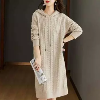 DIMANAF 2024 Зимние однотонные осенние женские свитера Вязание Повседневный стиль О-образный вырез Свободный длинный пуловер свитер One Size бежевый