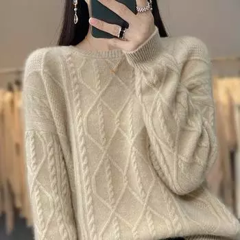 DIMANAF 2024 Зимние свитера Осенние базовые женские полосатые принты свитера Вязание свободного кроя свитера One Size бежевый