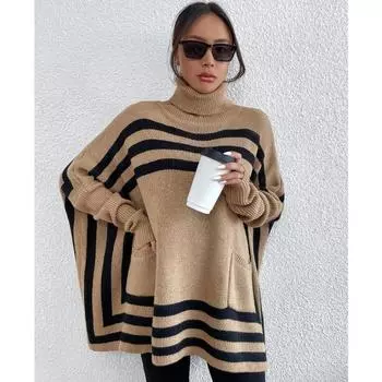Dimanaf 2024 Зимние свитера Осенние женские свитера большого размера с полосатым принтом Водолазка Летучая мышь Вязаный свободный свитер 3 цвета