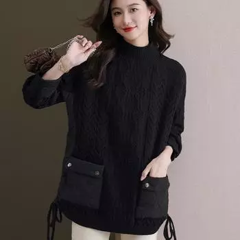 DIMANAF 2024, зимние свитера, женские лоскутные ватные пальто, пуловер, вязаный плед, водолазка, искусственный двухсекционный свободный свитер