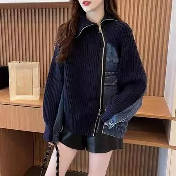 DIMANAF 2024 Зимние женские короткие свитера на молнии Топы из денима с круглым вырезом в стиле пэчворк Вязание Базовый синий модный свободный свитер One Size темно-синий