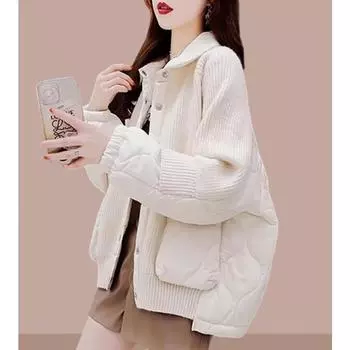 DIMANAF 2024 Зимние женские свитера, пальто, лоскутное стеганое пальто, вязаная куртка, поддельный двухкомпонентный свободный свитер