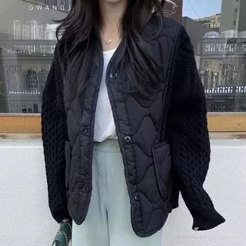 DIMANAF 2024 Зимние женские свитера в стиле пэчворк с пуговицами Пальто Вязаная куртка Поддельный двухкомпонентный свободный свитер One Size чёрный