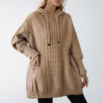 DIMANAF 2024 Зимние женские свитера в стиле пэчворк с пуговицами Пальто-пуловер Вязаный свитер с высоким воротом Поддельный свободный свитер One Size чёрный