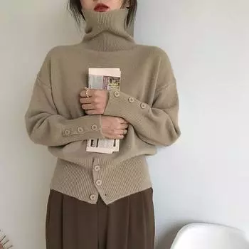 DIMANAF 2025 Autumn Women Solid O-Neck Buttons Sweaters Knitting Basic Casual Style Loose Knit Pullover Sweater