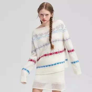 DIMANAF 2025 Autumn Women Striped New Sweaters Knitting Basic Fashion O-Neck Style Loose Pullover Sweater One Size белый