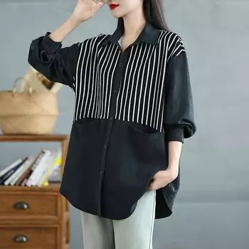 Dimanaf 2025 Большие размеры Блузка с длинным рукавом Рубашка Новые повседневные полосатые топы Футболки Винтажные женские свободные рубашки Базовые большие размеры L коричневый