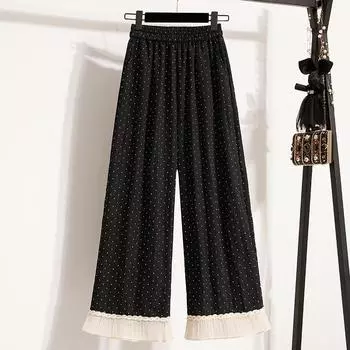 Dimanaf 2025 Большие размеры Длинные брюки Женские летние брюки с высокой талией в горошек Эластичные повседневные свободные шаровары Новые M чёрный