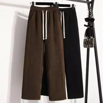 DIMANAF 2025 Большие размеры Длинные брюки Утолщенные женские эластичные свободные с высокой талией Однотонные свободные повседневные базовые брюки шаровары 5XL L чёрный