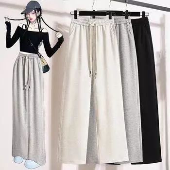 Dimanaf 2025 Большие размеры Длинные брюки Весна пояс Женские однотонные шаровары эластичный пояс повседневные свободные желтые розовые свободные брюки новые S чёрный