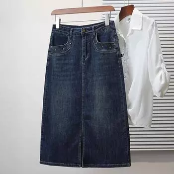 DIMANAF 2025 Большие размеры Летние джинсовые юбки Женская одежда Синяя модная юбка А-силуэта с поясом на талии XL синий