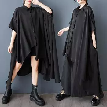 Dimanaf 2025 Большие размеры Летние женские блузки с коротким рукавом Асимметричные повседневные длинные черные рубашки Свободные топы Футболки One Size чёрный