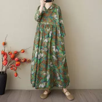 DIMANAF 2025 Большие размеры Лето Женское Базовое Платье Винтаж Цветочный Принт Повседневное Свободное Длинное Платье С Капюшоном Макси One Size зелёный