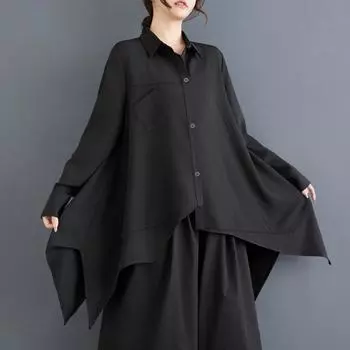 Dimanaf 2025 Большие размеры Новая весенняя блузка рубашка женская с длинным рукавом однотонная базовая мода топы футболки свободные повседневные One Size чёрный