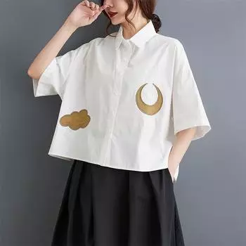 DIMANAF 2025 Большие размеры Новая весна-лето Блузка с коротким рукавом Повседневная рубашка Женские свободные топы Рубашки Хлопок One Size чёрный