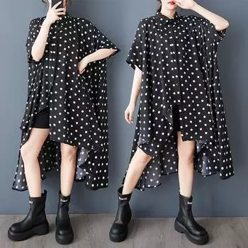 Dimanaf 2025 Большие размеры Новые летние блузки с коротким рукавом Повседневные длинные рубашки Женские свободные топы Футболки в горошек One Size чёрный